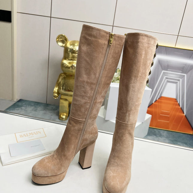 BALMAIN 26S HIGH BOOTS 115 MM IN WARM BEIGE SUEDE