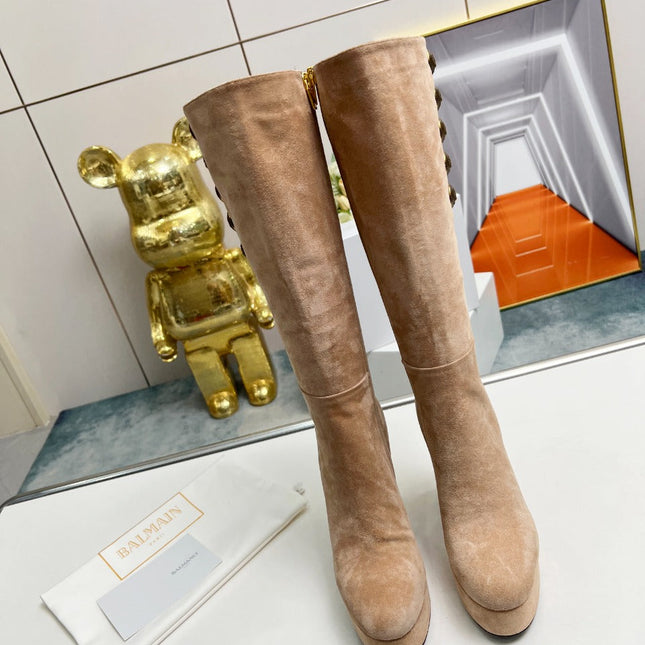 BALMAIN 26S HIGH BOOTS 115 MM IN WARM BEIGE SUEDE