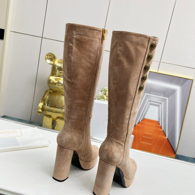 BALMAIN 26S HIGH BOOTS 115 MM IN WARM BEIGE SUEDE
