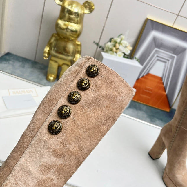 BALMAIN 26S HIGH BOOTS 115 MM IN WARM BEIGE SUEDE