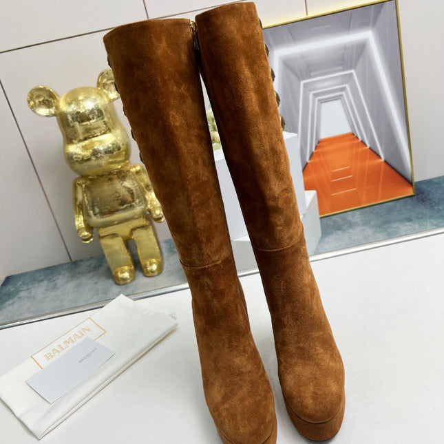BALMAIN 26S HIGH BOOTS 115 MM IN BROWN SUEDE