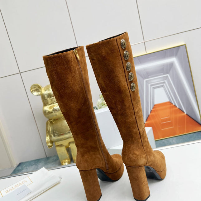 BALMAIN 26S HIGH BOOTS 115 MM IN BROWN SUEDE