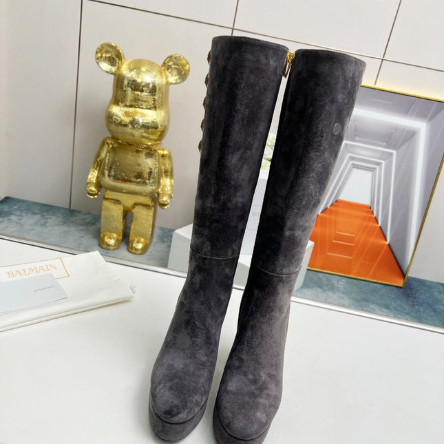 BALMAIN 26S HIGH BOOTS 115 MM IN DARK GREY SUEDE