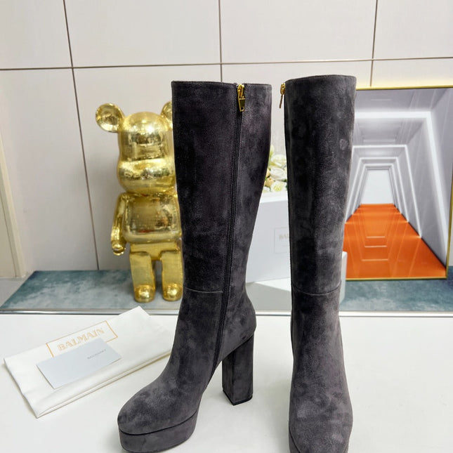 BALMAIN 26S HIGH BOOTS 115 MM IN DARK GREY SUEDE