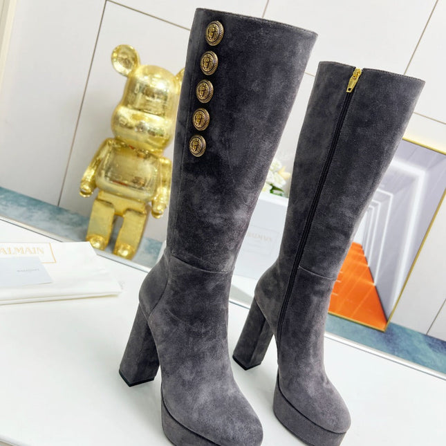 BALMAIN 26S HIGH BOOTS 115 MM IN DARK GREY SUEDE