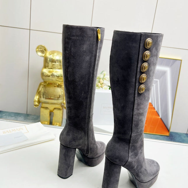 BALMAIN 26S HIGH BOOTS 115 MM IN DARK GREY SUEDE