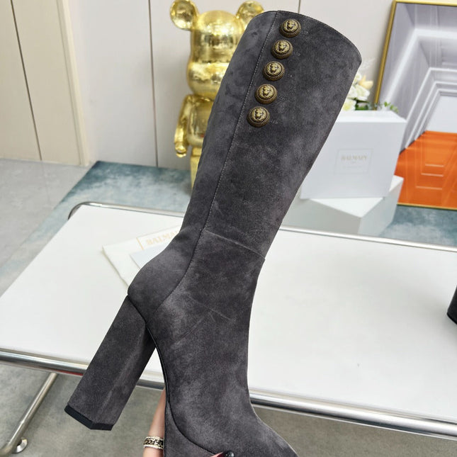 BALMAIN 26S HIGH BOOTS 115 MM IN DARK GREY SUEDE