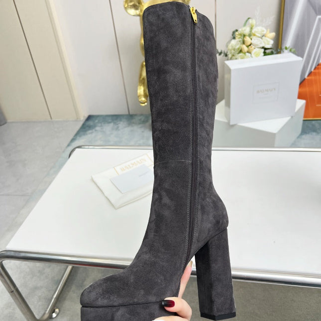 BALMAIN 26S HIGH BOOTS 115 MM IN DARK GREY SUEDE