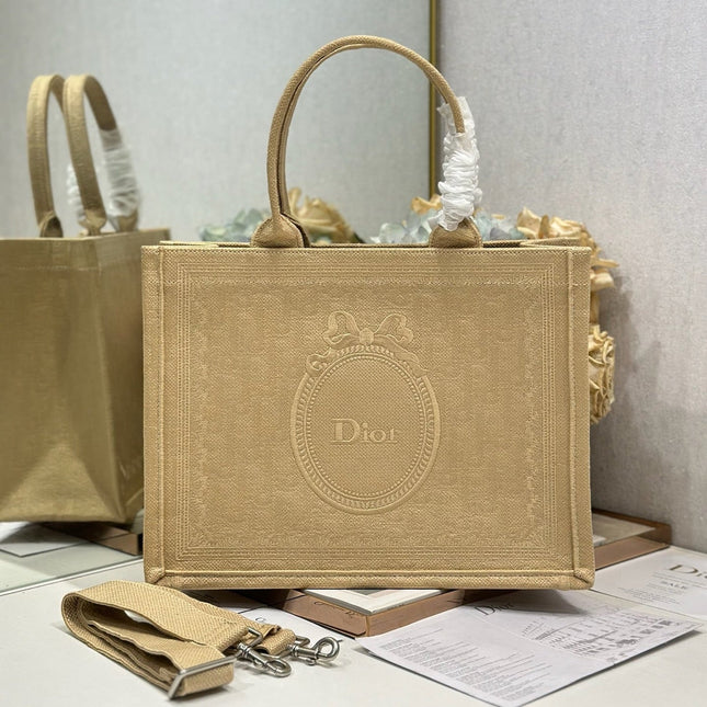 DIOR 26S BOOK TOTE BAG 36 IN BEIGE BAYADERE FABRIC