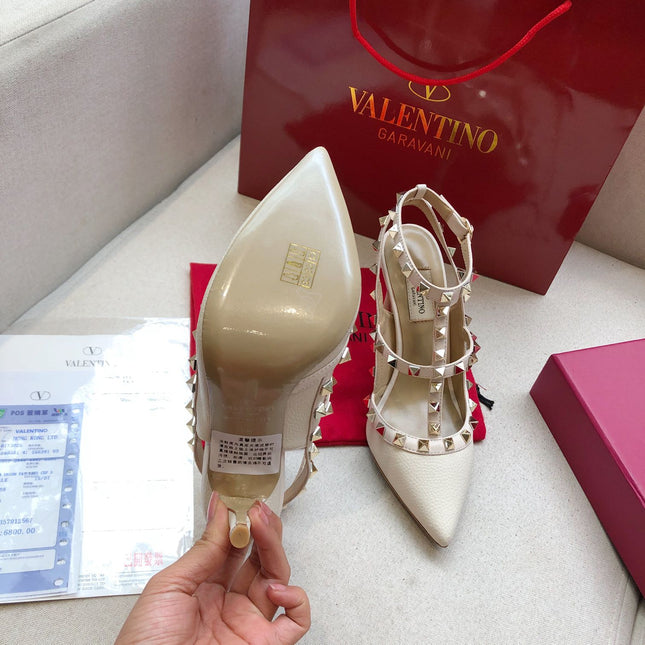 ROCKSTUD WHITE CREAM METALLIC CALFSKIN ANKLE STRAP HIGH SANDAL