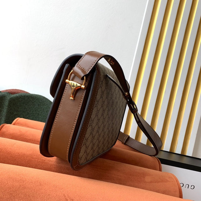 GG 1955 Horsebit Bag 25cm Brown Leather Beige Canvas Gold Hardware