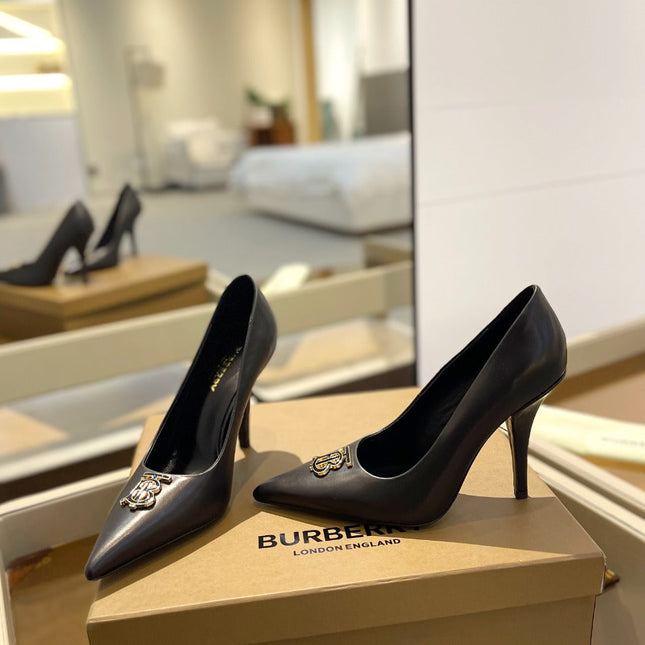 BURBERRY 26S HIGH HEELS 105 MM IN BLACK CALFSKIN WITH LOGO