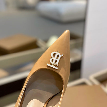 BURBERRY 26S HIGH HEELS 105 MM IN PALE BEIGE CALFSKIN WITH LOGO