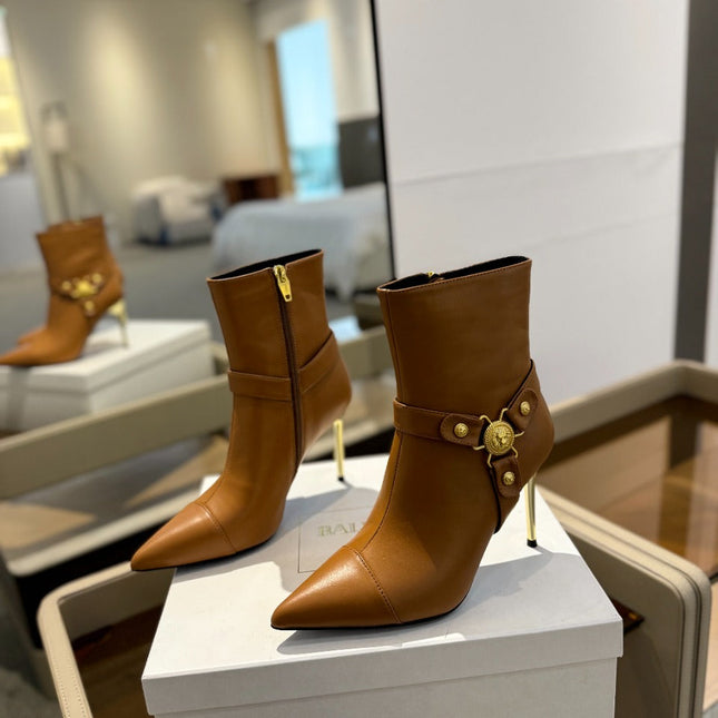 BALMAIN 26S STILETTO HEEL BOOTS 95 MM IN BROWN CALFSKIN