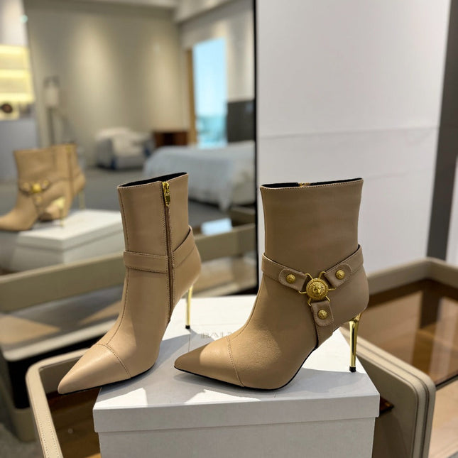 BALMAIN 26S STILETTO HEEL BOOTS 95 MM IN DARK BEIGE CALFSKIN