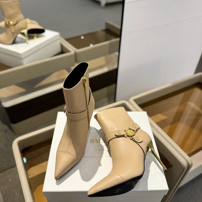 BALMAIN 26S STILETTO HEEL BOOTS 95 MM IN DARK BEIGE CALFSKIN
