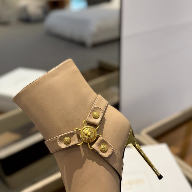 BALMAIN 26S STILETTO HEEL BOOTS 95 MM IN DARK BEIGE CALFSKIN